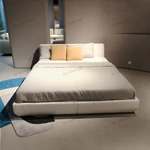 White Bouclé Upholstered Bed with Rounded Headboard & Low-Profile Base